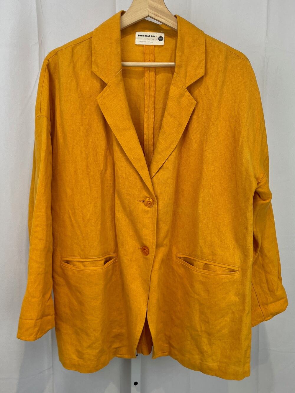 BACK BEAT CO Two Button Blazer Jacket Linen Organic Cotton Yellow Gold Size XS S